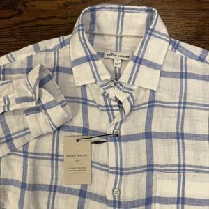 New Peter Millar‎ Shirt Crown 100% Linen Plaid Button Up Size Small